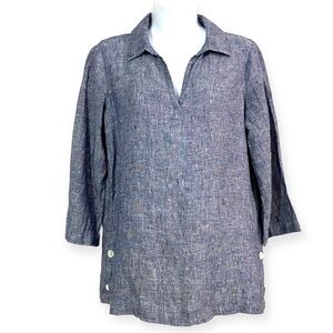 TAHARI Grey Linen Popover Tunic Top Small Lagenlook V-neck Modest Breathable